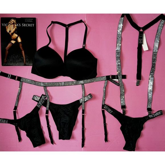 Victoria's Secret 34D BRA SET+GARTER+panties+SUSPENDERS SHINE strap BLACK silver